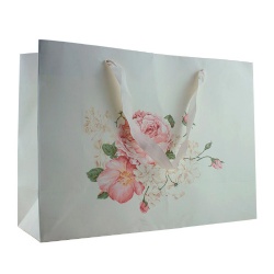 Printed White Craft Paper Bag with Ribbon Handle